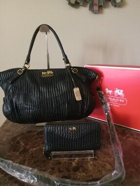 Coach Madison Black Textured Leather Satchel/Wallet Bundle EUC